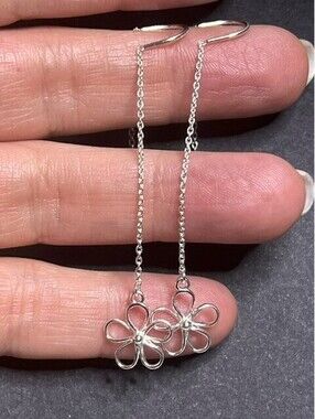 B6645 Sterling Silver NF Openwork Flower Threader Dangle Earrings 2.5"